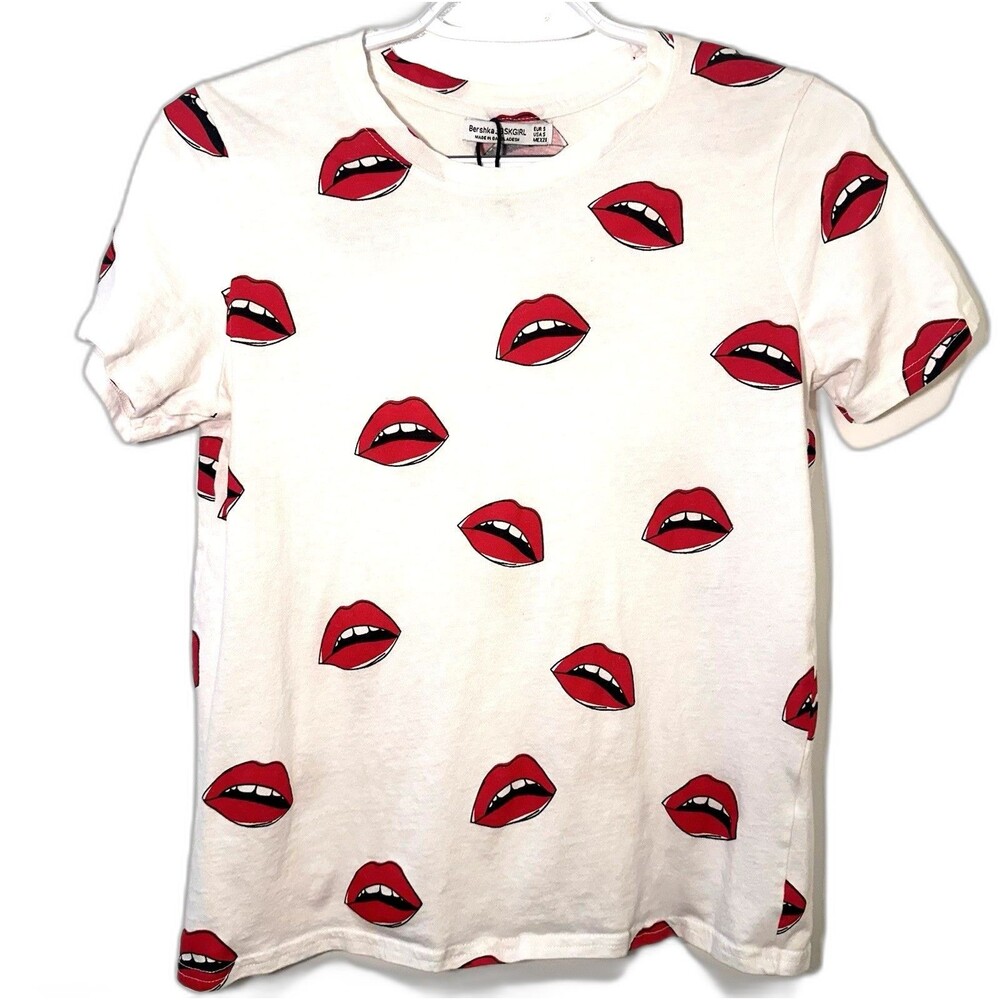 Bershka BSK Girl Lips Graphic T Shirt White Red Y2K Tee Womenβs Small